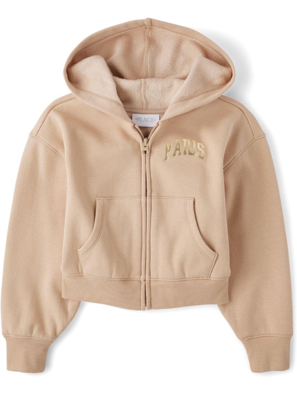 NWT The Children's Place Girls' Tan Zip-Up Hoodie - 'Paris' Embroidery XS B74